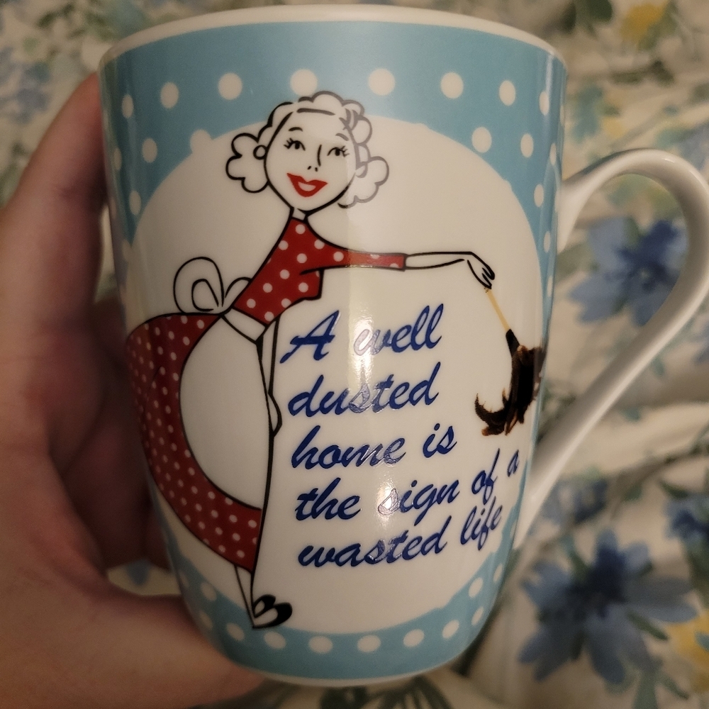 Vintage Porcelain Coffee Mug Blue/White Polka Dots "Well Dusted Home" Approx 4x3